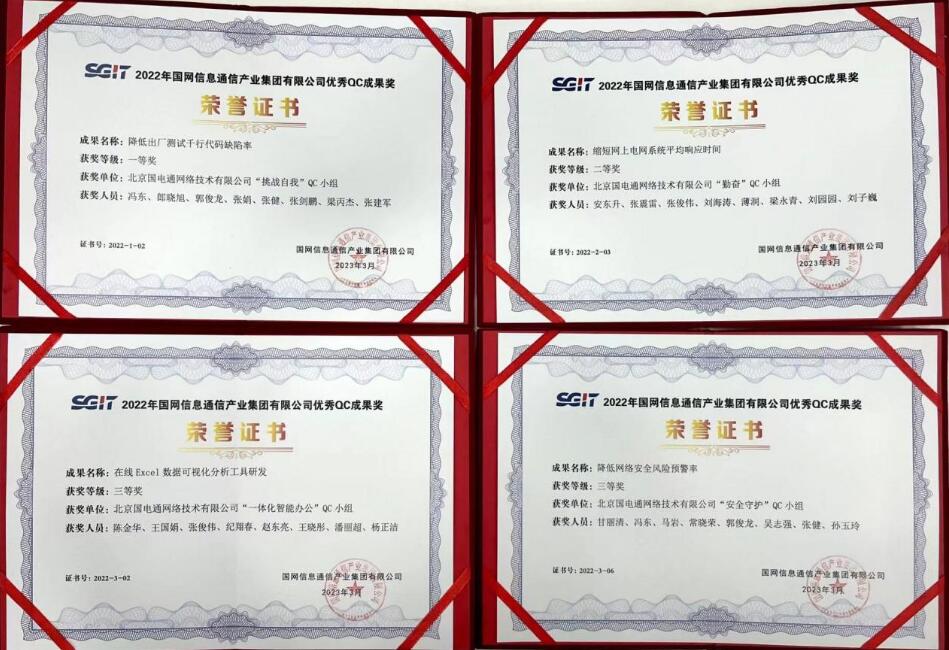 信產(chǎn)國電通四項QC成果分獲國網(wǎng)信通產(chǎn)業(yè)集團2022年優(yōu)秀QC小組成果一、二、三等獎